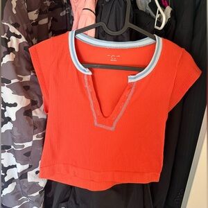 Urban Outfitters Orange Ribbed Top with Light Blue Trim